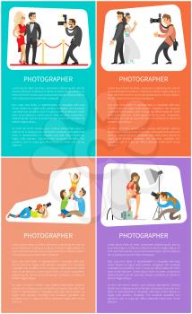 Photographer with camera Internet banners set. Celebrities couple, wedding photo, family portrait and model at studio cartoon vector illustrations.