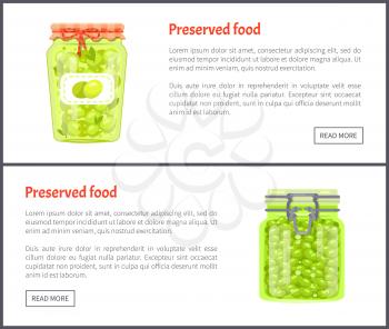 Preserved food banners, olives and grapes. Jar of vegetables or berries in marinade web pages templates vector illustrations with button under text.