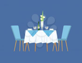 Table with chairs, serving for couple with plates, filled and empty champagne glasses and bottle. Desk decorated by tablecloth and flowers vector