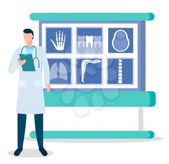 Doctor and X-rays, traumatologist and bones photos vector. Medicine and healthcare, hand and teeth, head and lungs, knee and spine xray files. Bone injury treatment or stomatology illustration