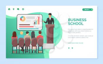 Business school vector, students listening to personal coach showing information on whiteboard. Man wearing formal suit teaching people skills. Website or webpage template, landing page flat style