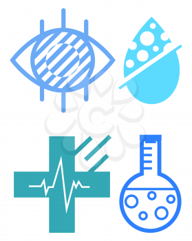 Signs connected to medicine vector, isolated logos and symbols of medical care, cross and pulse, drop and eye with lines, glass container with liquid