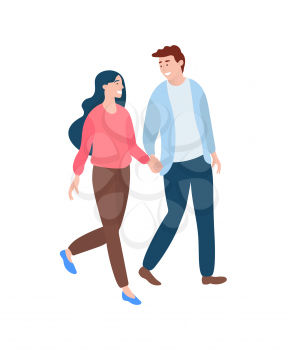 People in love walking and holding hands vector, isolated adults looking at each other and smiling, man and woman on date, boyfriend and girlfriend