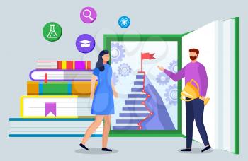 Knowledge, online education, girl and guy with prize vector. Distant or home learning and studying, webinar or lecture, aim or goal achieving. Examination online, lesson materials illustration