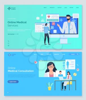 Online medical consultation vector, recommendations from doctors. Appointment with docs, help and diagnosis, research of specialists care. Website or webpage template, landing page flat style