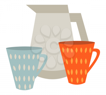 Kettle with two cups isolated on white background. Utensil for kitchen, for drinking tea and coffee. Blue and red teacup. Vector illustration in flat style
