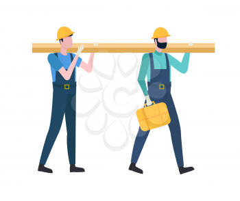 Builders going with wooden block, men workers holding log and tool, people in suit going with building equipments, teamwork engineers, professional vector