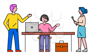 Managers talking with each other at office. Man sit on chair by table, work on laptop and speak using headset. Business meeting, appointment between workers on workplace. Vector illustration in flat