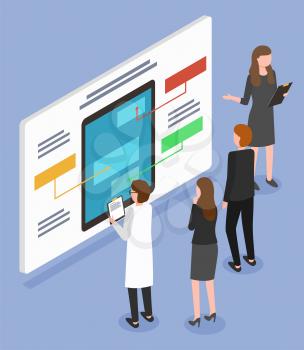 Woman presenting web design on meeting. People explore board with mockup of mobile application. Lady explain report about engineering process to other workers. Vector illustration in flat style
