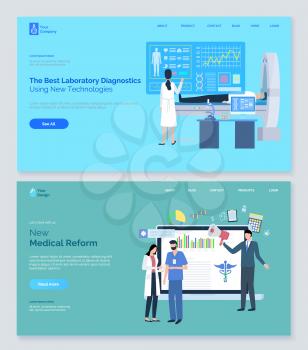 Laboratory diagnostic and medical reform website, patient cardiogram and new clinic law, innovation of healthcare, doctor and nurse characters vector. Webpage or landing page, app slider in flat style