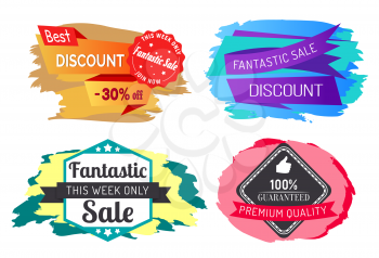 Fantastic sale with big discounts this week only. Guaranteed premium quality products in shop. Set of colorful isolated labels with promotion caption. Vector illustration of advertising in flat style