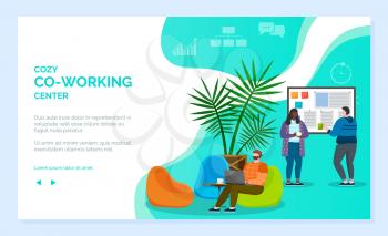 People work and relax at cozy zone at office. Guy sit on pouf with laptop and working on it. Man and woman stand near board and talking. Designed website about coworking center. Vector illustration