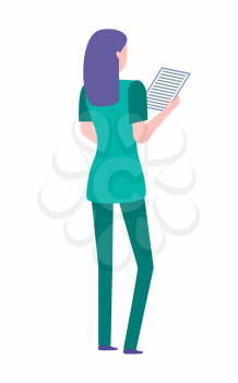 Female doctor wearing green uniform and holding a clipboard with medical paperwork. Female medical worker with purple hair, healthcare, hospital vector