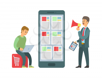Shopping online vector, worker and boss giving tasks. Smartphone with posts and information, employer with megaphone and clipboard notebook with info