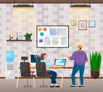 Workers in office thinking on business company development. Interior of working space of man and woman. Female character working on laptop analyzing information. Vector in flat style illustration