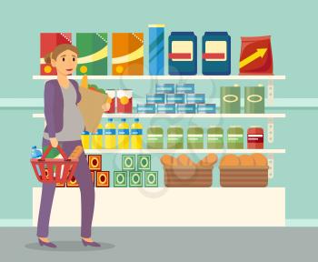 Expectant mom in shop buying food. Shopping pregnant woman carrying heavy package with bread and meals. Lady passing shelves with products in supermarket. Girl with basket, vector in flat style