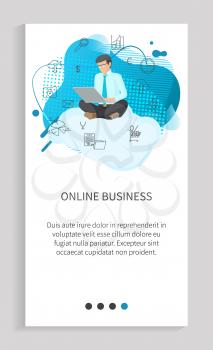 Worker with laptop, portrait view of employee character using computer, man with wireless device on blue liquid shape with internet icons vector. Website or app slider, landing page flat style