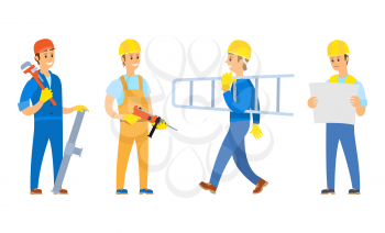 People working on construction vector, isolated set of characters with tools and instruments, drill and ladder, engineer standing with plan scheme on paper