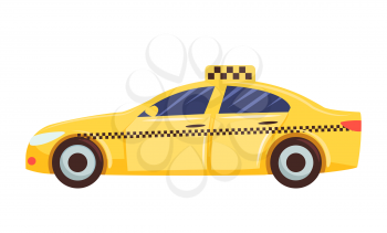 Yellow car isolated on white background. Sedan type auto, taxi. Wheeled vehicle used for transportation people. Automobile to drive and get your destination quickly. Vector illustration in flat style