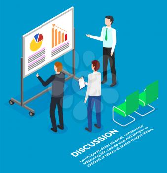 Business graphics discussion, office workers and graphic presentation vector. Chart and diagram, data analysis, financial analytics or accounting, web research. Report and market analysis, isometric