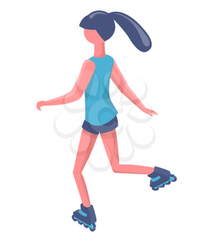 Woman rollerblading, full length and back view of girl wearing sportswear, person character going in rollerblades, urban activity or young vector