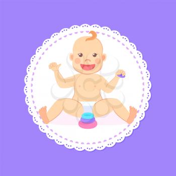 Baby shower greeting card, eight month child sitting without support and playing with wooden blocks. Vector infant in diaper and pyramid first toy constructor