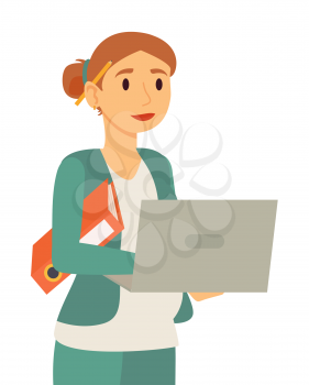 Expectant mother works on laptop, pregnant businesswoman with computer at work. Freelancer lady, future mom with files for company. Isolated character at job in organization, vector in flat style