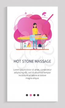 Hot stone massage procedure vector, woman therapist dealing with clients pain in back, lady with customer laying on table and relaxing rest. Website or app slider template, landing page flat style