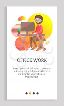 Office work vector, man busy with working tasks, male at workplace with desk and cactus flower in pot, abstract design, bearded person on job. Website slider app template, landing page flat style