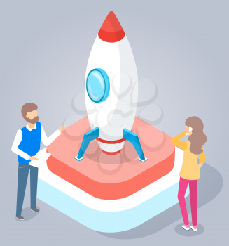 Managers looking at rocket or spaceship. Woman and man talking about work on research. Meeting of two engineers. Engineering tools for innovations and development. Vector illustration in flat style
