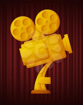 Golden trophy of camera, old-fashioned video reel equipment and glossy prize. best movie award. Cinematography ceremony, reward of winner vector illustration