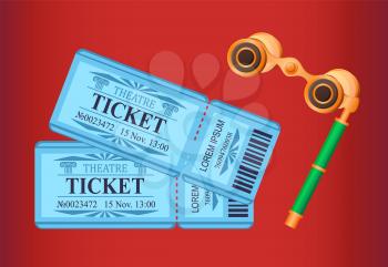 Monocle Tickets for watching play in theater vector, special glasses with handle for enjoying performance. Vintage admission pass for customers, entrance