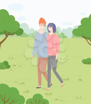 Man and woman, couple in love holding hands walking in park vector. Romantic relationship, date on nature, girl and guy, dating or romance, lovers