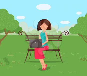 Young woman sitting on bench in park with laptop. Female character working on fresh air. Freelancer with computer outdoors flat vector illustration