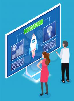 Man and woman dealing with startup details. People analyzing info on computer screen. Teamwork of male and female characters. Monitor with rocket and explanation. Vector in 3d isometric style