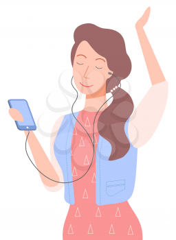Female character enjoying music in mobile phone vector, isolated woman wearing jacket and headphones. Person listening to music in mp3 smartphone adult