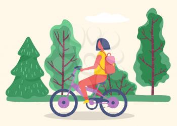 Woman with backpack rides bicycle on road among forest. Young lady spend leisure time actively doing hobby. Summer weather, landscape of wood with trees and spruces. Vector illustration in flat style