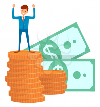 Pile of money successful businessman happy person vector, isolated male wearing formal clothes. Coins and banknotes of dollar currency financial assets