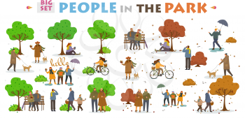 Active pastime on nature at park. Various people at spring and autumn park performing leisure outdoor activities. Walking with dog. Cartoon vector illustration. Relaxing in nature together, community