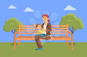 Mother sit on wooden bench and feed son in summer park. Kid sitting on mother knees and eating meal from spoon. Mother care about child. Beautiful landscape of lawn. Vector illustration in flat style