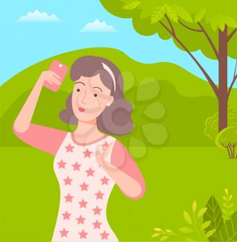 Girl with hair band taking selfie photo in park among green trees. Woman wearing t-shirt with stars holding smartphone walking outdoors vector illustration