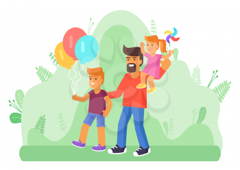Father with little daughter sitting on his arms and son holding air balloons walking in park. Dad with children spend time outdoors. Family leisure vector
