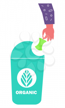 Organic container for fruits, vegetables and natural materials. Right distribution for trash. Smart sorting, processing and recycling. Vector illustration in flat style