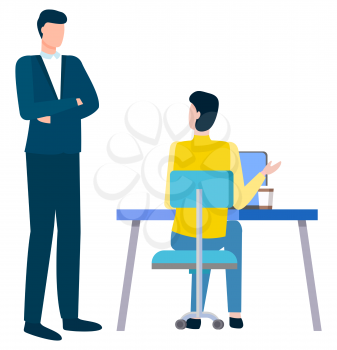 How to write business plan, person sitting at table and boss supervisor standing above him. Vector cartoon person and businessman, problems discussion