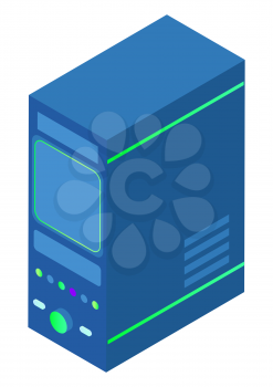 Datacenter technology vector, isolated cbock server with information and data isolated icon. Info on storage, system of supercomputer with buttons and lights. Illustration in isometric 3d style