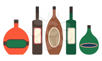 Collection of alcoholic drinks poured in bottles of different shapes and forms. Gin and tequila, rum and whiskey, menu of restaurant or cafe. Beverages set isolated icons of refreshment vector
