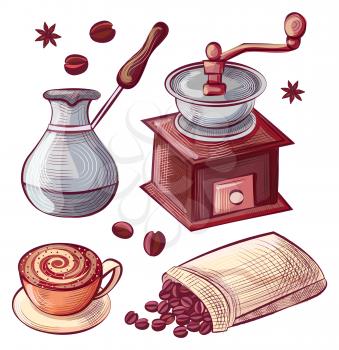 Sack with coffee beans and cinnamon spices vector. Hand grinder and turkish cezve pot for making aromatic beverage, cup with foam on plate served