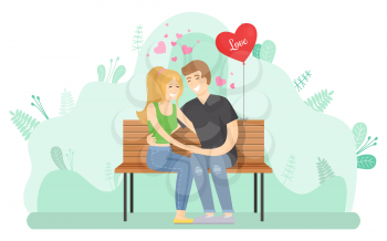 Couple in love sitting on wooden bench and hugging. Boyfriend and girlfriend on romantic date. Two young people with red heart shaped balloon vector