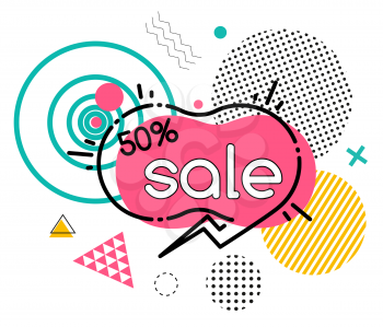 Promotion of sale or clearance, discounts up to 50 percent on products. Colorful outline stickers, shopping advertising labels. Simple geometric poster with caption. Vector illustration in minimalism