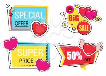 Big sale and special offer poster with heart and wings symbol. Shopping poster 50 percent discount off on romantic holiday label with path. Advertising promotion super price with outline vector